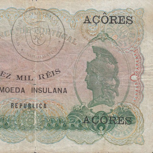 Azores-Banknote of 10.000 Reis 1910, 10000 Reis 09/30/1910 Plate 4, Bank of Portugal, (Circulated), Pick 108