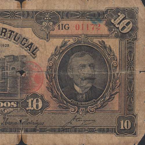 10 Escudo Banknote 1925 Eça de Queiroz, 10$00 01/13/1925 Plate: 3 - Banco de Portugal (Very Circulated)