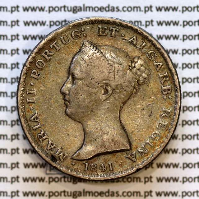 Portugal, silver coin of 500 réis 1841 of D. Maria II, Silver 5 Tostões of 1841, (F), World Coins Portugal KM 471