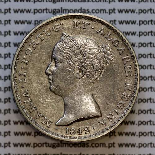 Portugal, silver coin of 500 réis 1842 of D. Maria II, Silver 5 Tostões of 1842, (VF+), World Coins Portugal KM 471