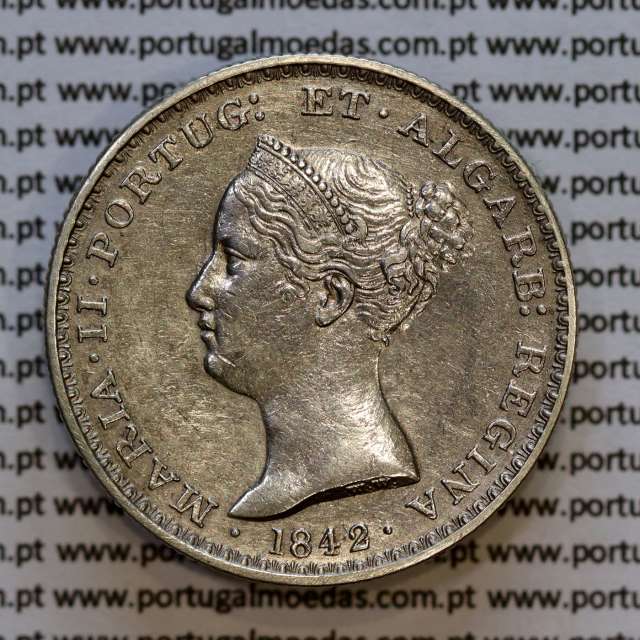 Portugal, silver coin of 500 réis 1842 of D. Maria II, Silver 5 Tostões of 1842, (VF+), World Coins Portugal KM 471