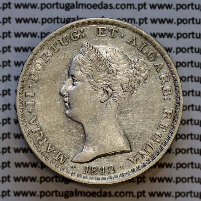 500 réis 1842 prata D. Maria II, 5 Tostões prata 1842, (MBC), World Coins Portugal KM 471d