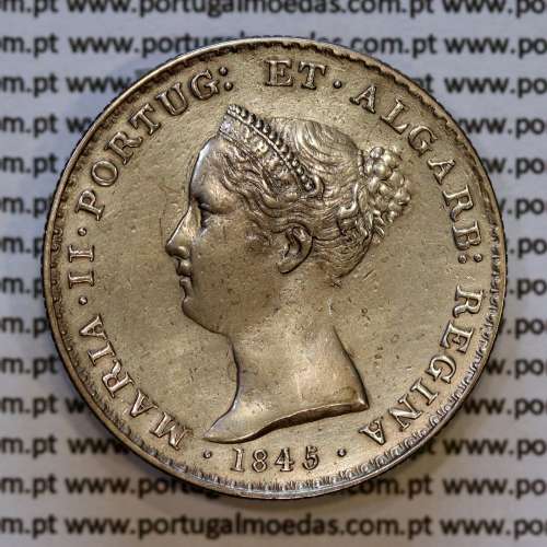 Portugal, silver coin of 500 réis 1845 of D. Maria II, Silver 5 Tostões of 1845, (XF+), World Coins Portugal KM 471