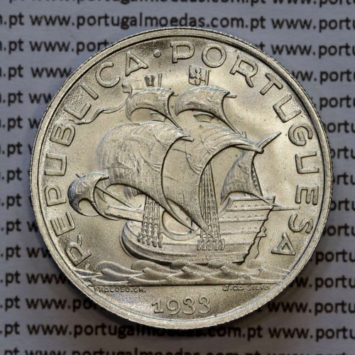 Portugal, silver coin of 10 Escudos 1933, 10$00 1933 silver coin of the Portuguese Republic, (UNC), World Coins Portugal KM 582