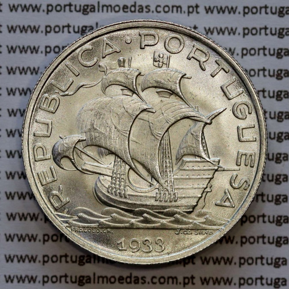 Portugal, silver coin of 10 Escudos 1933, 10$00 1933 silver coin of the Portuguese Republic, (UNC), World Coins Portugal KM 582