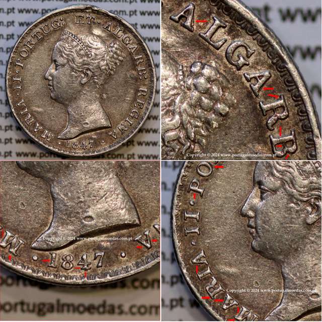 500 réis 1847 prata D. Maria II, 5 Tostões prata 1847, Variante cunho retificado nas letras da legenda e algarismos da data (BC)