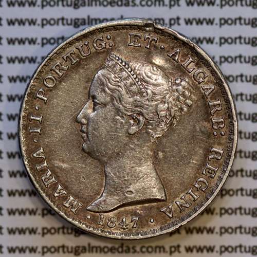 500 réis 1847 prata D. Maria II, 5 Tostões prata 1847, Variante cunho retificado nas letras da legenda e algarismos da data (BC)