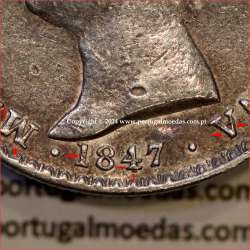 500 réis 1847 prata D. Maria II, 5 Tostões prata 1847, Variante cunho retificado nas letras da legenda e algarismos da data (BC)