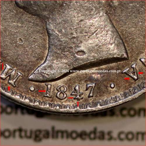 500 réis 1847 prata D. Maria II, 5 Tostões prata 1847, Variante cunho retificado nas letras da legenda e algarismos da data (BC)