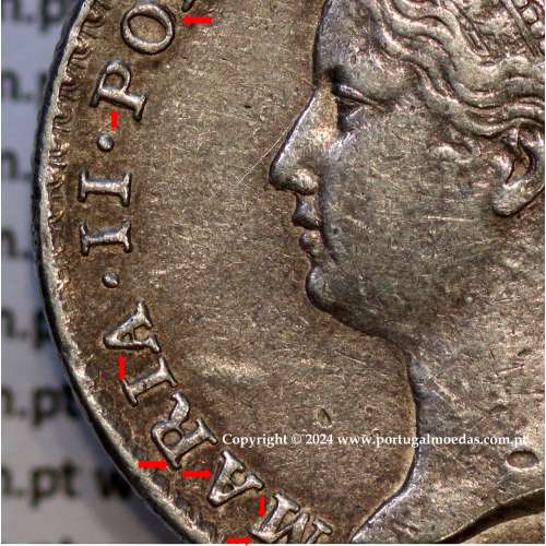 500 réis 1847 prata D. Maria II, 5 Tostões prata 1847, Variante cunho retificado nas letras da legenda e algarismos da data (BC)