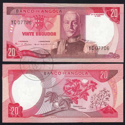 Nota de 20 Escudos 1972 Marechal Carmona, 20$00 24/11/1972 - Banco de Angola (Não Circulada)