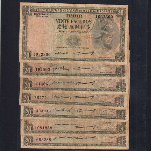 Timor, lote de 7 notas assinaturas diferentes de 20 Escudos 1967 Régulo D.Aleixo, (MC), World Paper Money Timor Pick 26
