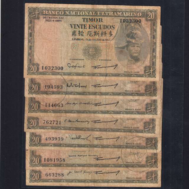 Timor, lot of 7 notes with different signatures of 20 Escudos 1967 Régulo D. Aleixo, (F), World Paper Money Timor Pick 26