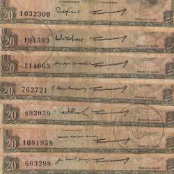 Timor, lot of 7 notes with different signatures of 20 Escudos 1967 Régulo D. Aleixo, (F), World Paper Money Timor Pick 26