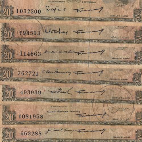 Timor, lot of 7 notes with different signatures of 20 Escudos 1967 Régulo D. Aleixo, (F), World Paper Money Timor Pick 26