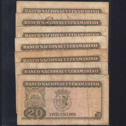 Timor, lot of 7 notes with different signatures of 20 Escudos 1967 Régulo D. Aleixo, (F), World Paper Money Timor Pick 26