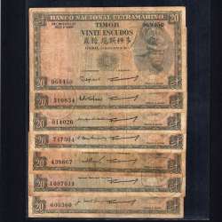Timor, lot of 7 notes with different signatures of 20 Escudos 1967 Régulo D. Aleixo, (F), World Paper Money Timor Pick 26