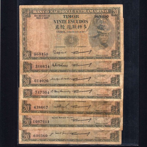 Timor, lote de 7 notas assinaturas diferentes de 20 Escudos 1967 Régulo D.Aleixo, (MC), World Paper Money Timor Pick 26