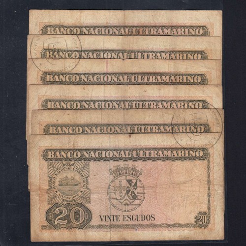 Timor, lot of 6 notes with different signatures of 20 Escudos 1967 Régulo D. Aleixo, (F), World Paper Money Timor Pick#26