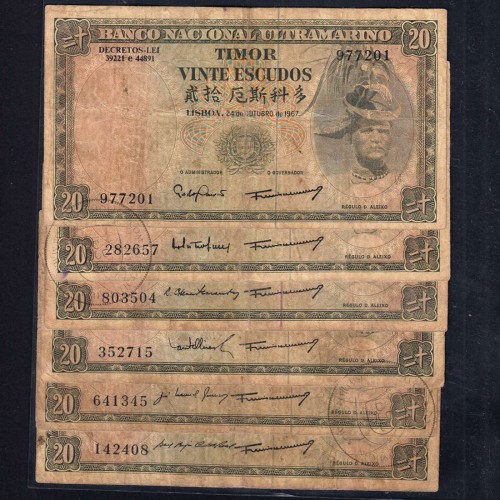 Timor, lot of 6 notes with different signatures of 20 Escudos 1967 Régulo D. Aleixo, (F), World Paper Money Timor Pick#26