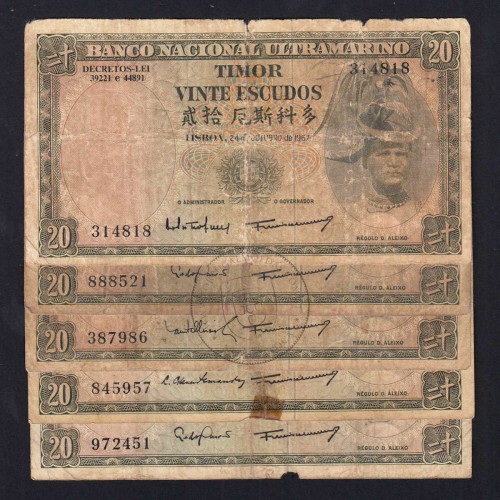 Timor, lote de 5 notas 20 Escudos 1967 Régulo D. Aleixo, 20 Escudos 24/10/1967, (MC), World Paper Money Timor Pick 26