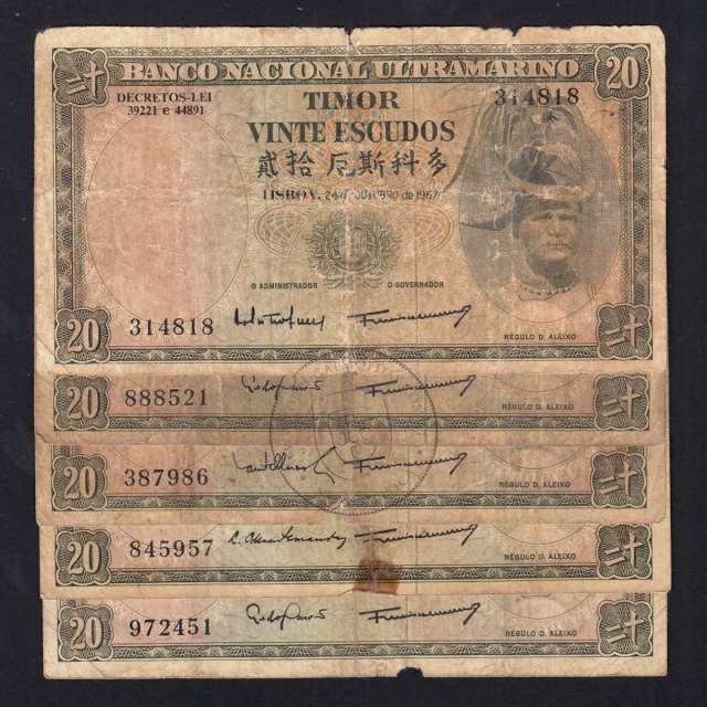Timor, lot of 5 banknotes of 20 Escudos 1967 Régulo D. Aleixo, 20 Escudos 24/10/1967, (F), World Paper Money Timor Pick 26