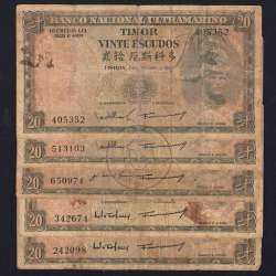 Timor, lot of 5 banknotes of 20 Escudos 1967 Régulo D. Aleixo, 20 Escudos 24/10/1967, (F), World Paper Money Timor Pick 26