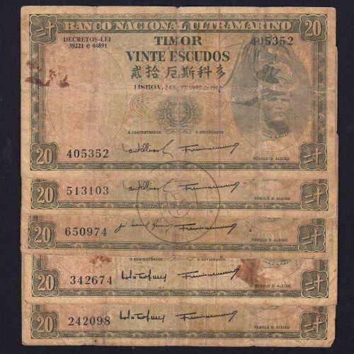 Timor, lot of 5 banknotes of 20 Escudos 1967 Régulo D. Aleixo, 20 Escudos 24/10/1967, (F), World Paper Money Timor Pick 26