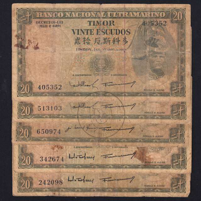 Timor, lot of 5 banknotes of 20 Escudos 1967 Régulo D. Aleixo, 20 Escudos 24/10/1967, (F), World Paper Money Timor Pick 26
