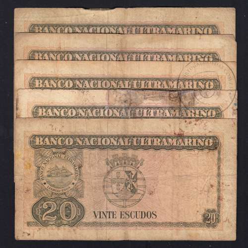 Timor, lot of 5 banknotes of 20 Escudos 1967 Régulo D. Aleixo, 20 Escudos 24/10/1967, (F), World Paper Money Timor Pick 26