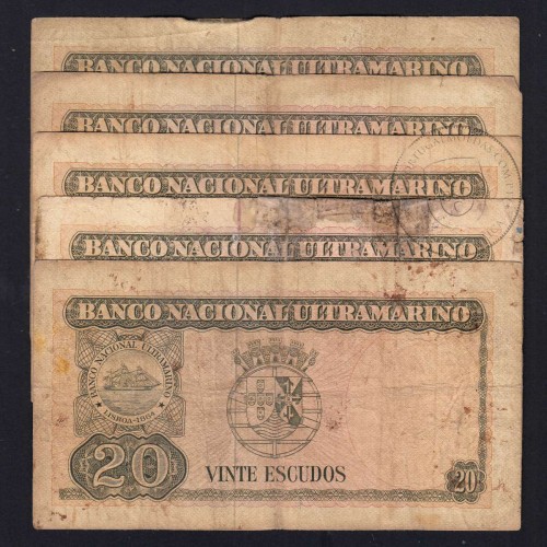 Timor, lote de 5 notas 20 Escudos 1967 Régulo D. Aleixo, 20 Escudos 24/10/1967, (MC), World Paper Money Timor Pick 26