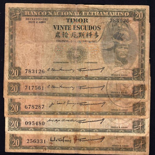 Timor, lote de 5 notas 20 Escudos 1967 Régulo D. Aleixo, 20 Escudos 24/10/1967, (MC), World Paper Money Timor Pick 26