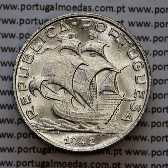 Portugal, silver coin of 5 Escudos 1942, 5$00 1942 silver coin of the Portuguese Republic, (UNC), World Coins Portugal KM 581