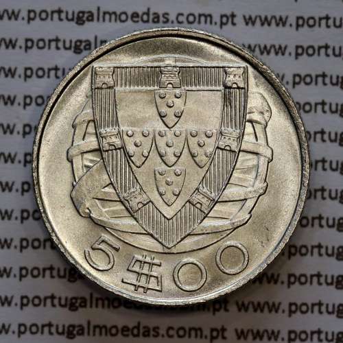 Portugal, silver coin of 5 Escudos 1942, 5$00 1942 silver coin of the Portuguese Republic, (UNC), World Coins Portugal KM 581