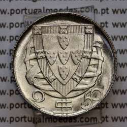 Portugal, Silver coin of 2-1/2 Escudos 1942, 2$50 Escudos 1942 silver Portuguese Republic, (UNC), World Coins Portugal KM 580