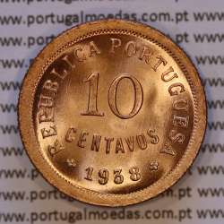 Portugal, bronze coin of 10 centavos 1938 of the Portuguese Republic, (UNC), World Coins Portugal KM 573