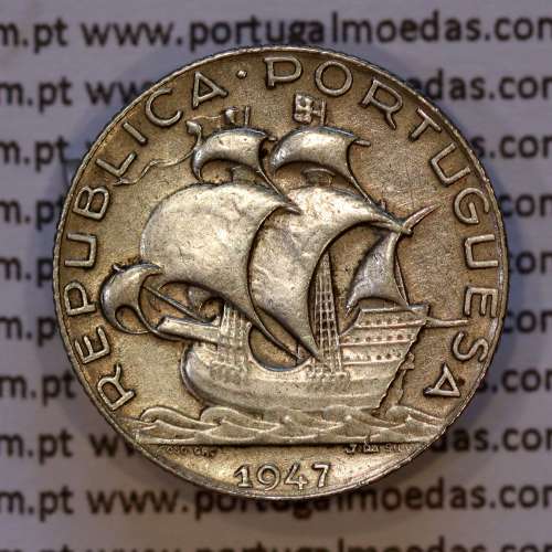 2$50 Escudos 1947 prata, 2 escudos e 50 centavos 1947 em prata da Republica Portuguesa, (MBC+), World Coins Portugal KM 580