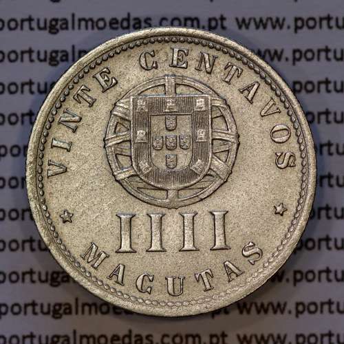 Angola, 4 Macutas 1928 em alpaca, 20 centavos 1928 Angola Ex- Colónia Portuguesa, (MBC+), World Coins Angola KM 68