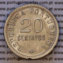 Angola, copper-nickel coin 20 centavos 1921 of Former Portuguese colony of Angola, (VF+), World Coins Angola KM 64