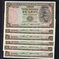 Timor, 6 banknotes with Sequential Serial Numbers of 20 Escudos 1967 Régulo D. Aleixo, (UNC), World Paper Money Timor Pick 26