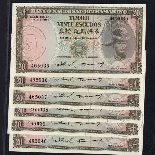 Timor, 6 banknotes with Sequential Serial Numbers of 20 Escudos 1967 Régulo D. Aleixo, (UNC), World Paper Money Timor Pick 26