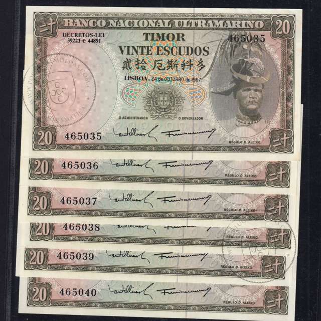 Timor, 6 banknotes with Sequential Serial Numbers of 20 Escudos 1967 Régulo D. Aleixo, (UNC), World Paper Money Timor Pick 26