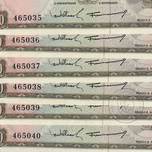 Timor, lote de 6 notas números seguidos de 20 Escudos 1967 Régulo D. Aleixo, (NC), World Paper Money Timor Pick 26