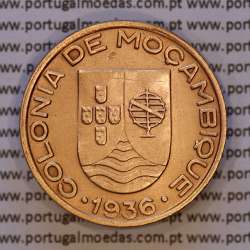 Moçambique, 20 centavos 1936 cobre da Ex-Colónia Portuguesa de Moçambique, (Bela-), World Coins Mozambique KM 64