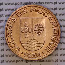 Mozambique, Copper coin of 20 Centavos 1936 of Former Portuguese Colony of Mozambique, (XF+), World Coins Mozambique KM 64