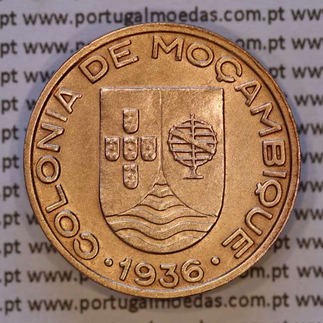 Mozambique, Copper coin of 20 Centavos 1936 of Former Portuguese Colony of Mozambique, (XF+), World Coins Mozambique KM 64
