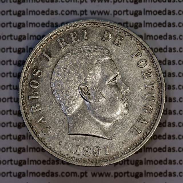 Portugal, silver coin of 500 réis 1891 of D. Carlos I, (XF/UNC), World Coins Portugal KM 535
