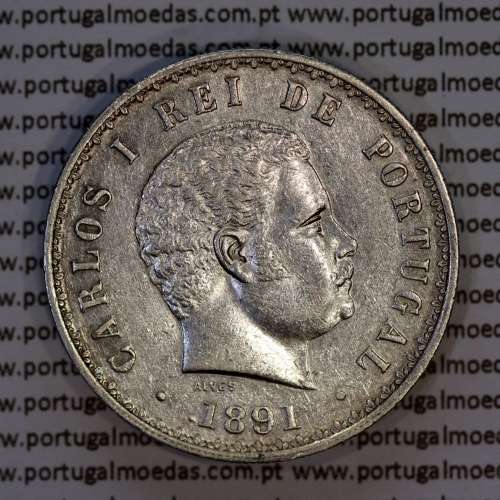 Portugal, silver coin of 500 réis 1891 of D. Carlos I, (XF/UNC), World Coins Portugal KM 531
