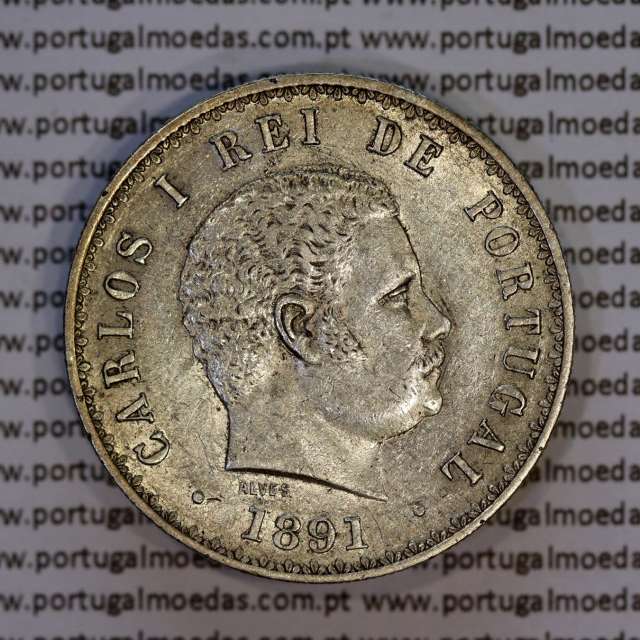 500 réis 1891 prata D. Carlos I, cinco tostões prata 1891 reinado D. Carlos I, (Bela), World Coins Portugal KM 535