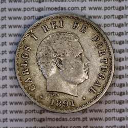 500 réis 1891 prata D. Carlos I, cinco tostões prata 1891 reinado D. Carlos I, (MBC), World Coins Portugal KM 535